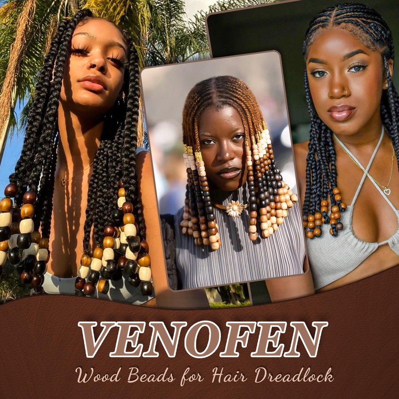 VENOFEN 60PCS Hair Beads Large Hole Wooden Bead Dreadlock Decoration Mixed Color Loc Hair Accessories for Women and Men