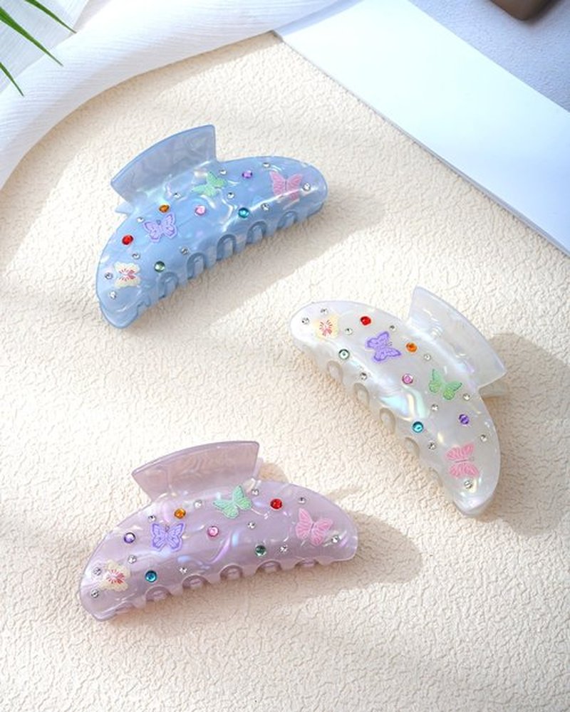 Mesovor 3 Pack Bow Printed Hair Claw Clips, Non-slip 3.74" Medium Hair Grip Clawclips with Colored Zircon | Acrylic Strong Hold Jaw Banana Clips (Blue, Purple, White)