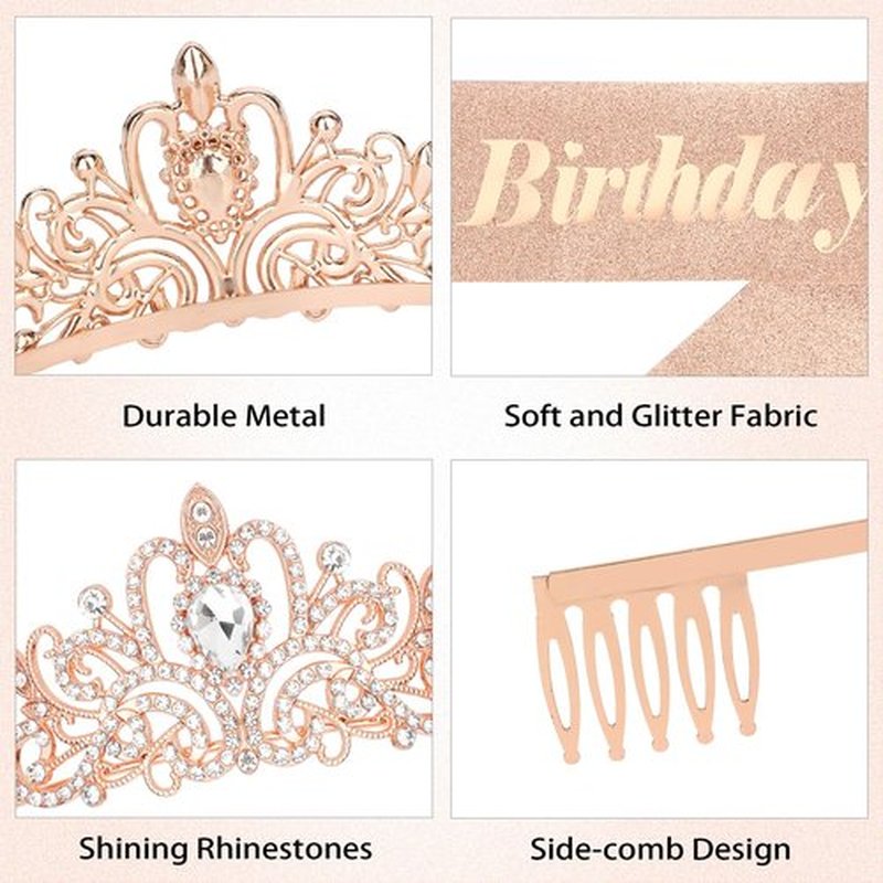 CURASA Rose Gold Birthday Crown and Sash for Women Girls Princess Birthday Tiaras Sashes for Parties and Celebrations