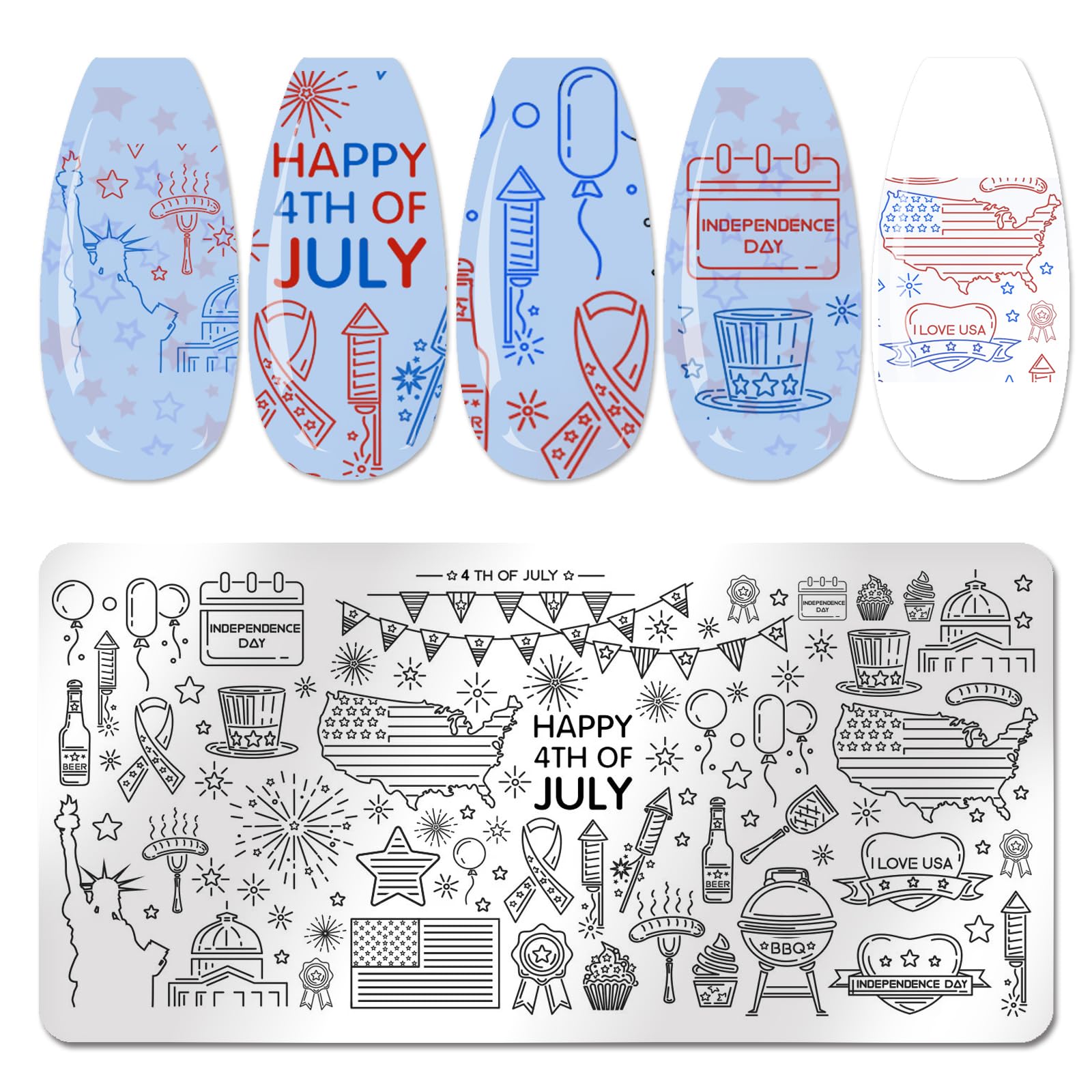 XEAOHESY 6pcs 4th of July Nail Stamping Plates for Nails Independence Day Nail Stamping Kit Patriotic American Flag Stars Statue of Liberty Image Plates Nail Stamper Plates for Women Nail Art
