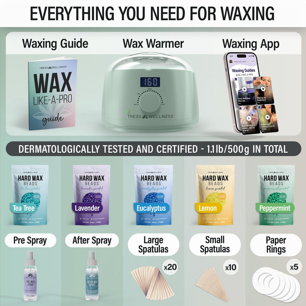 Tress Wellness Waxing Kit for Sensitive Skin – Safe for Face & Skin, Prep & Aftercare Spray, Easy to Use – At-Home Kit for Face, Bikini, Brazilian & Full Body- Digital Display, Green