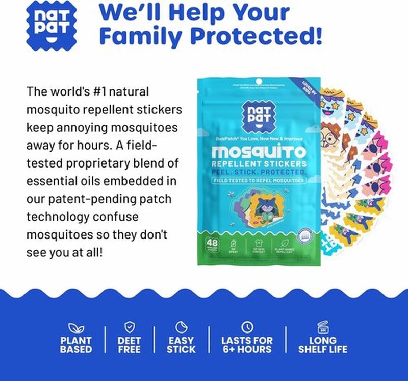 NATPAT Buzz Patch Mosquito Stickers for Kids - All-Natural Citronella, Non-Toxic | 48 Pack