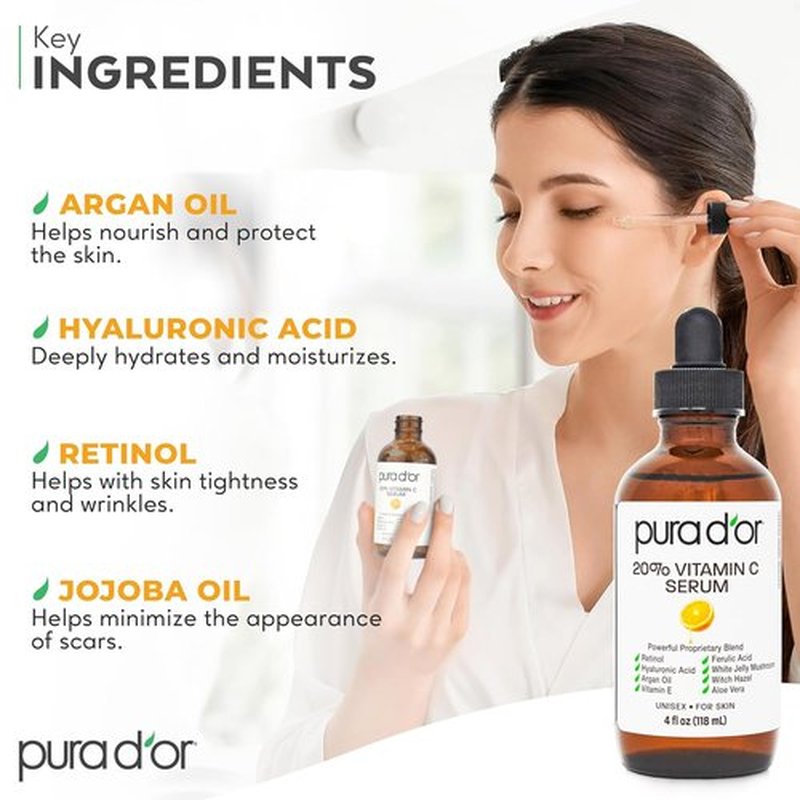 PURA D'OR 20% Vitamin C Facial Serum - Antioxidant Blend with Retinol & Hyaluronic Acid, 4 Oz | Hydrating Skincare for Daily Use