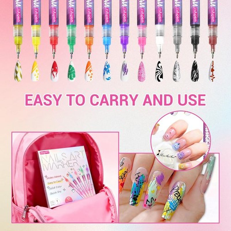 12 Colors Nail Art Pens Set, Nail Polish Marker with 0.5mm Fine Tip, 3D Nail Polish Pens Graffiti Dotting Liner Pen, Quick Dry & Water-Based DIY Nail Design Pens for Beginners & Professionals