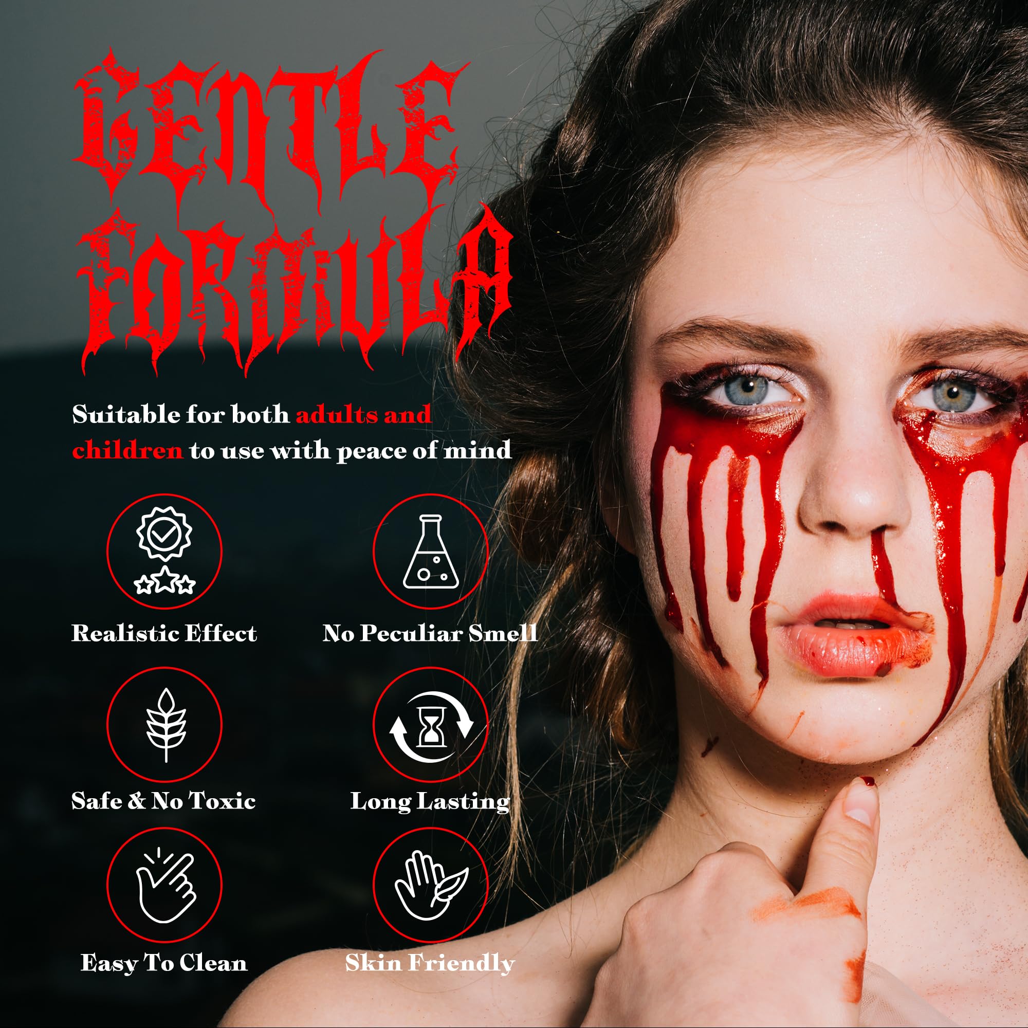 Vaneria Halloween Fake Blood Makeup Kit,Realistic Washable SFX Makeup with 50ml Blood Splatter, 50ml Sticky Blood, Sponge,4 Fake Scars & 4 Fluorescent Tattoo Stickers for Zombie, Vampire Cosplay