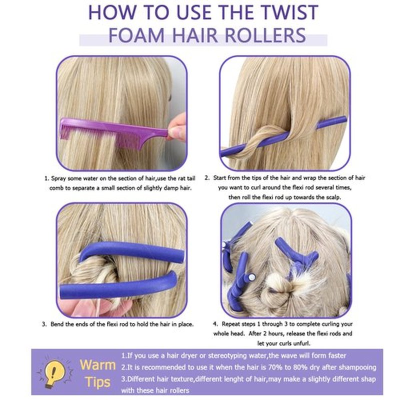 60 Pieces Flexible Curling Rods Twist Foam Flexi Rods No Heat Hair Rods Hair Rollers and Steel Pintail Rat Tail Comb for Long or Short Hair Women Girls (9.45 x 0.31, Purple)