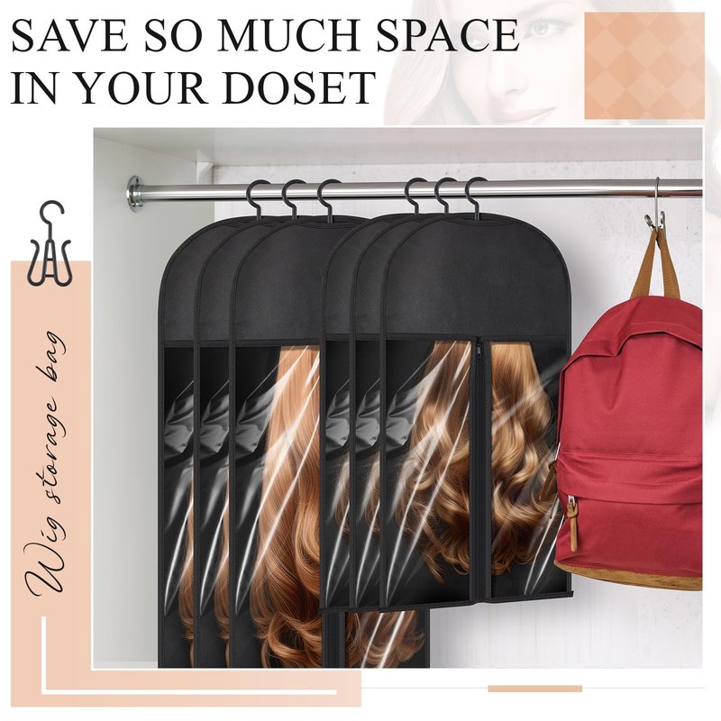 Wowangce 14 Pcs Extra Long Hair Extension Storage Bag with Hanger, Two Sizes Wig Storage for Multiple Wigs, Dust Proof Hanger for Home Travel Closet Wigs, Hair Extensions, Accessories, Black