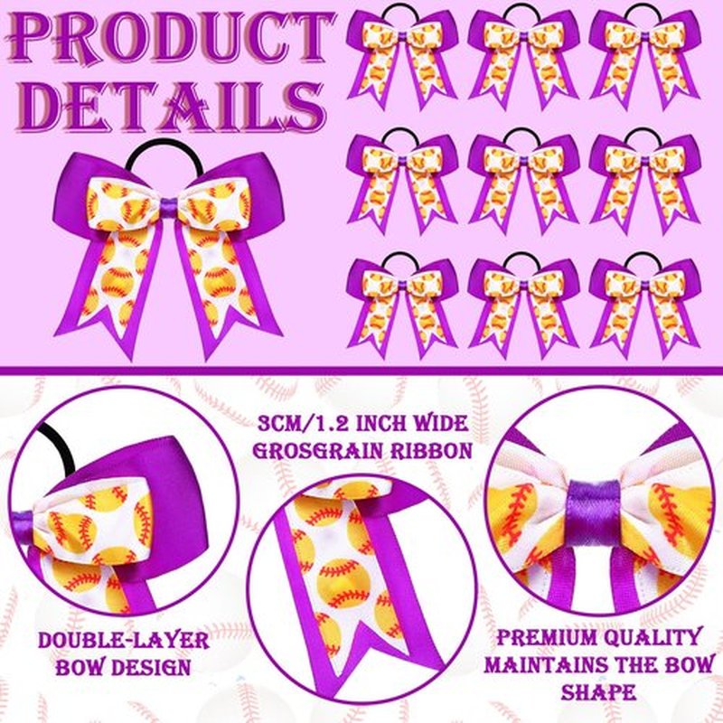 MTLEE 9 Pcs 5.1 Inch Purple Softball Ribbon Hair Bows Elastic Cheer Scrunchies Cheerleader Bows Volleyball Sports Ball Ponytail Holder Sport Hair Accessories for Girl Player