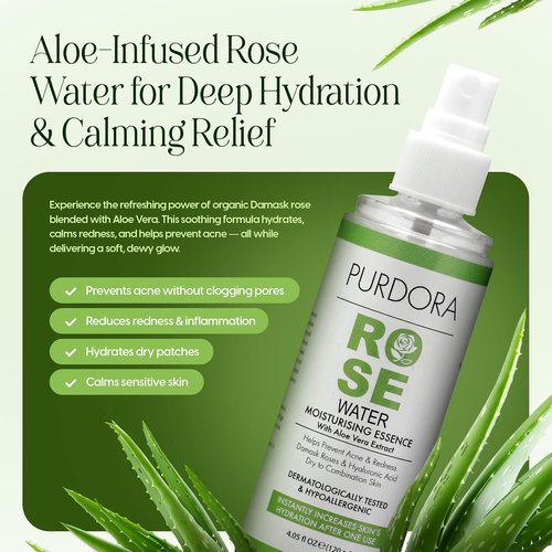 Regine Switzerland Rose Water Face Mist Toner - Hydrating Aloe Vera & Hyaluronic Acid Spray for Redness, Dry & Acne-Prone Skin - 4.05 fl oz