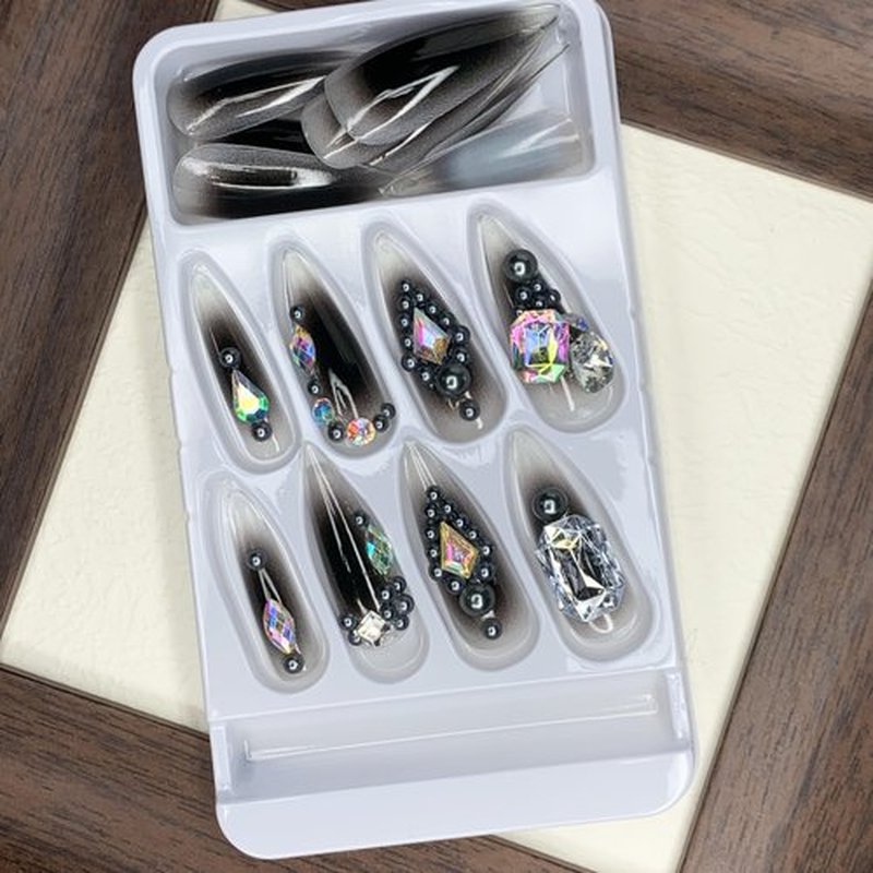 BABALAL Goth Press on False Nails Black Glue on Fake Nails - Long Stiletto, Rhinestone Charm Luxury, Bling Handmade Claw Design, 24Pcs Glossy Acrylic Nails for Women Girls