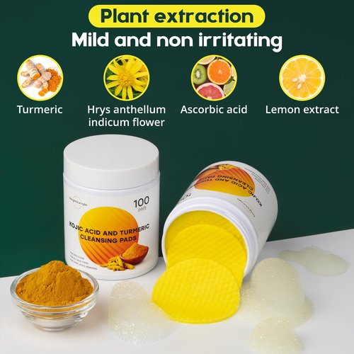 Kojic Acid and Turmeric Cleansing Pads - 100 Pads | Enriched with Ginger Root Oil & Amino Acids | for Face & Body - 100pcs