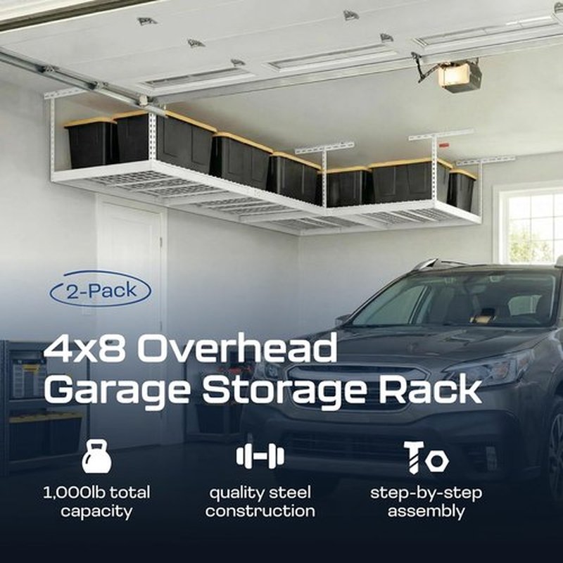 MonsterRax Overhead Garage Storage Rack - 2-Pack Adjustable Ceiling Shelves | White, 24"-45" Height