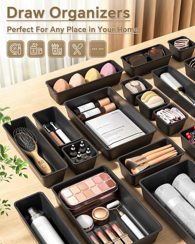KEMETHY 25 PCS Plastic Drawer Organizers - Versatile Makeup & Desk Storage Trays | Black, 4 Sizes