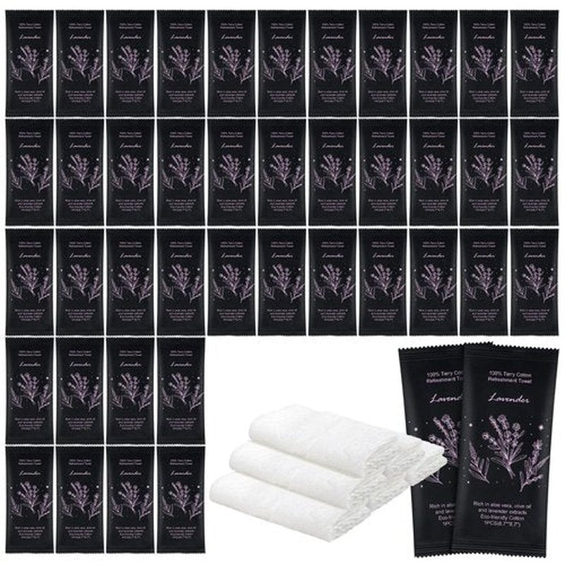 Hot or Cold Moist Cotton Towel Bulk Moist Towelettes Individually Wrapped 8.7" x 8.7",White Towel Services,Refreshment Pre Moistened Towels Lavender Scent for Travel Sport Party Spa Dentist Hotel100