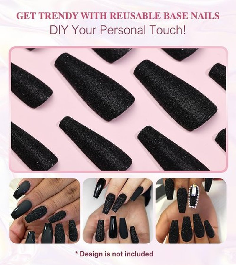 Aegenacess Black Press On Nails Coffin - Long With Glue Stickers, Glitter Stick On for Women, Light Weight in 12 Sizes, 24pcs Fake Nail Kit