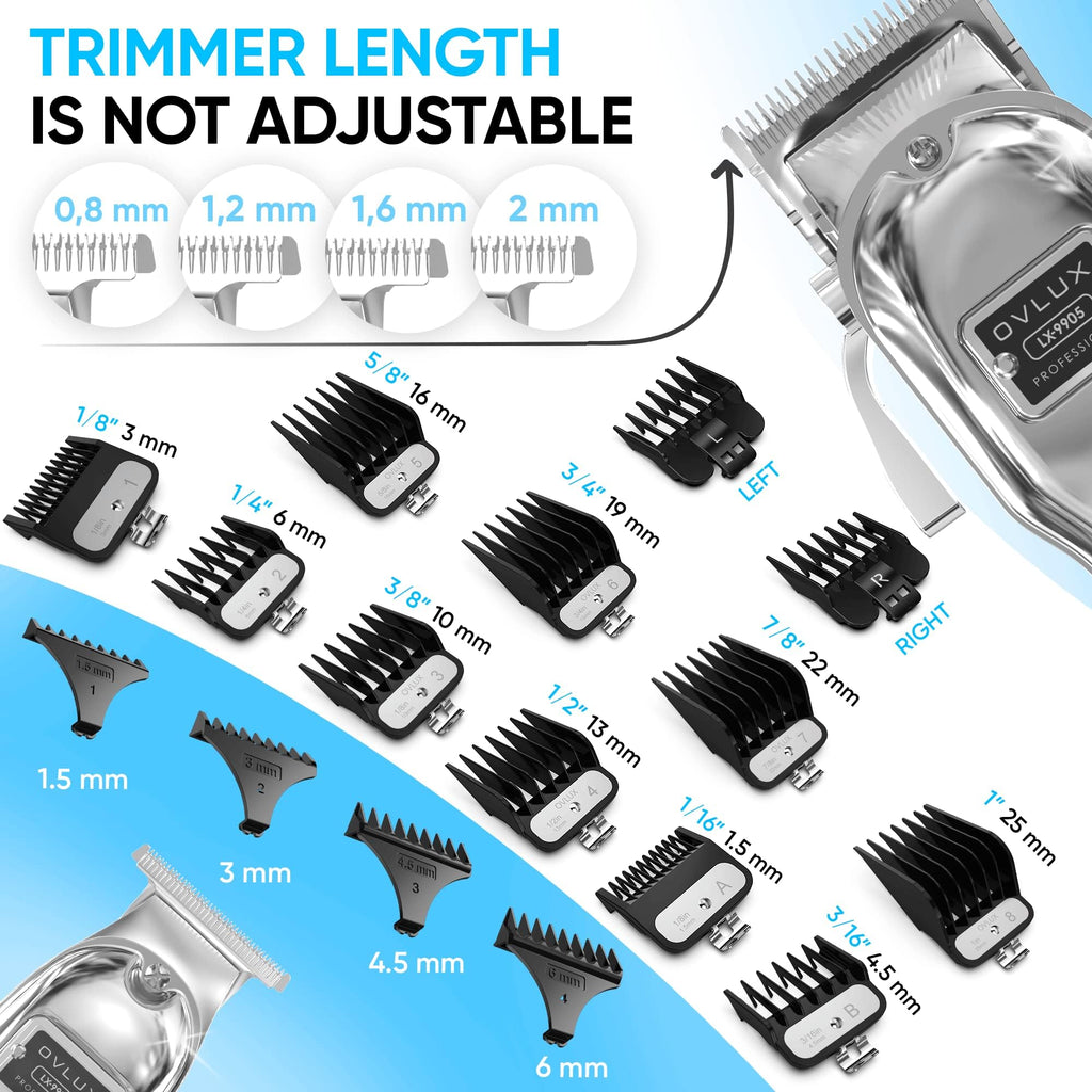OVLUX Professional Cordless Hair Clippers for Men, Rechargeable Full Metal Beard Trimmer, Barbers Trimmer, Ideal Gift for Men, Dad - Silver. (Clipper & Trimmer Set)