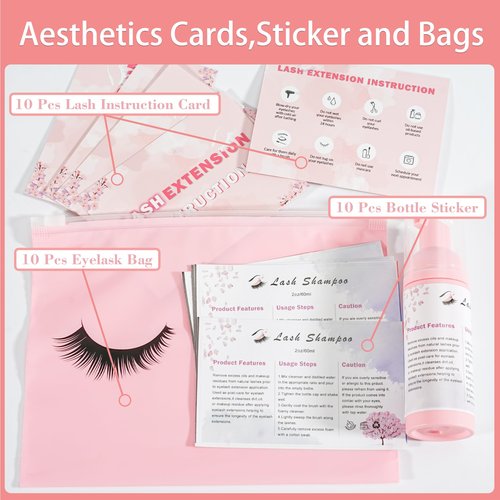 60pcs Lash Extension Cleaning Kit for Clients,10pcs Lash Brushes,10pcs Eyelash Brush with Tubes,10pcs Lash Bottles,10pcs Eyelash Bags,10pcs Lash Shampoo Stickers,10pcs Instruction Card (Pink 2)
