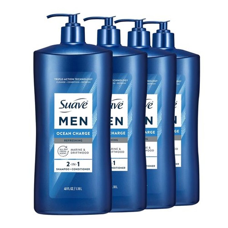Suave Men Ocean Charge 2-in-1 Shampoo & Conditioner - Hydrating Formula with Pro Vitamin B5, Ocean Fresh Scent | 40 FL OZ Pump (4 Count)