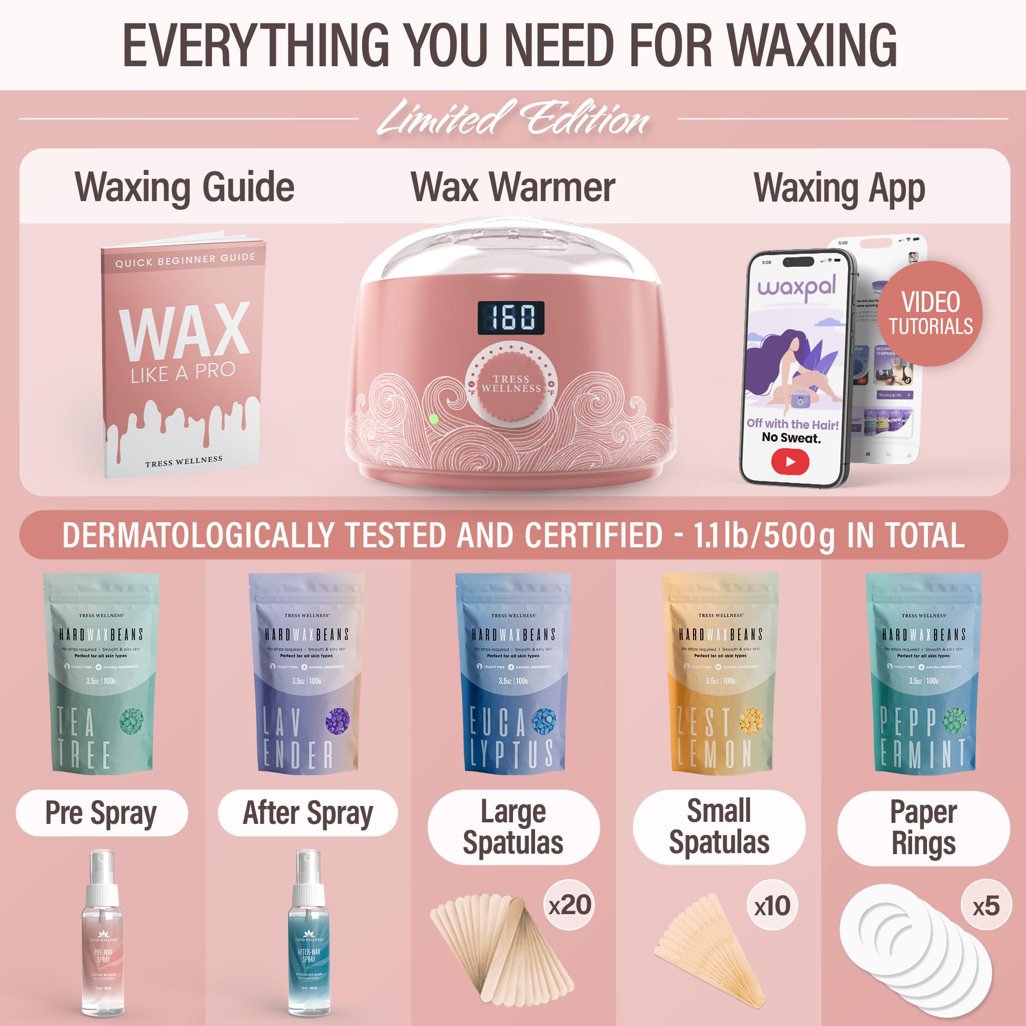 Tress Wellness Waxing Kit for Sensitive Skin – Safe for Face & Skin, Prep & Aftercare Spray, Easy to Use – At-Home Kit for Face, Bikini, Brazilian & Full Body - Digital Display, Dusty Pink Air