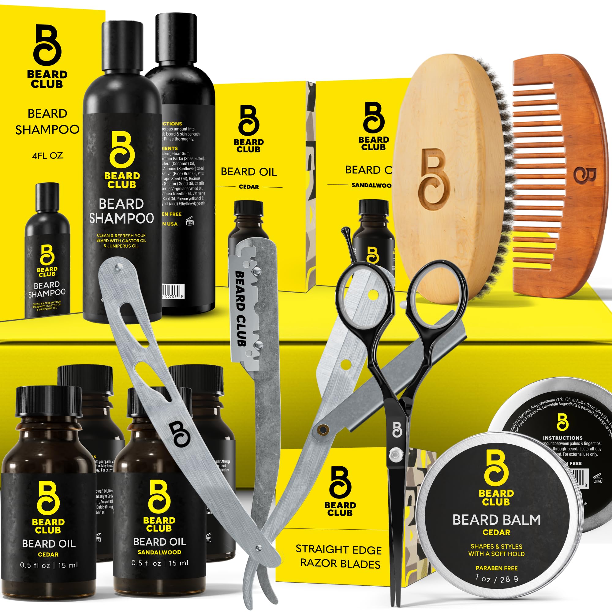 The Beard Club Beard Kit for Men - Grooming & Care Kit - Cedar & Sandalwood Oil, Cedar Balm, Shampoo, Brush, Comb, Trimming Scissors, Straight Edge Razor - Gift Set
