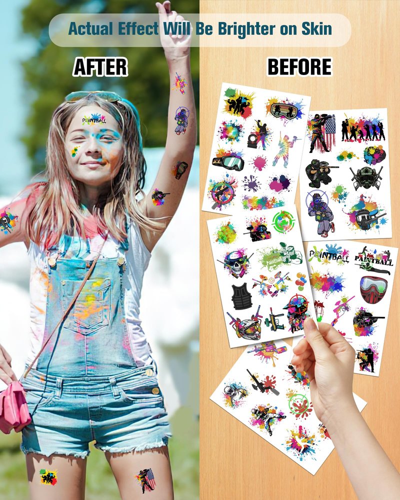 YanZonic 204Pcs Paintball Temporary Tattoos - Fun Kids Paintballs Tattoos Temporary Stickers Favors for Paintball Birthday Decorations, Paintball Party Supplies Class School Carnival