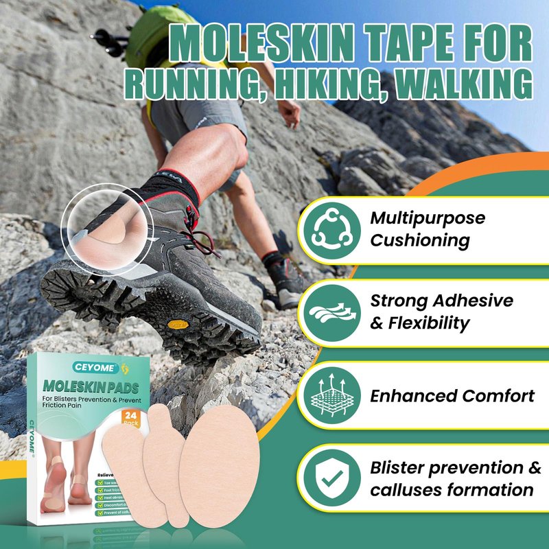 Moleskin for Feet & Blister Prevention Pads - 24ct Moleskin Padding for Shoes, Toes & Heel | Mole Skin Patch & Anti-Friction Tape for Walking, Running & Sports - Variety Pack