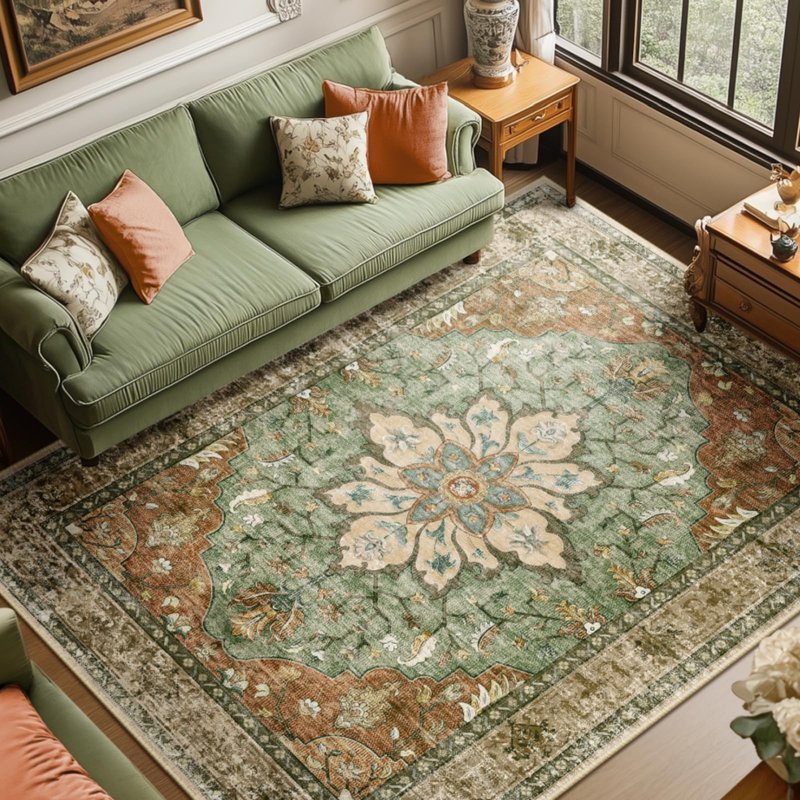 RELEANY Area Rugs 8'x10' Washable Non-Slip, Floral Vintage Distress Medallion Carpet for Living Room Bedroom Dining Room, Terracotta Burnt Orange Green