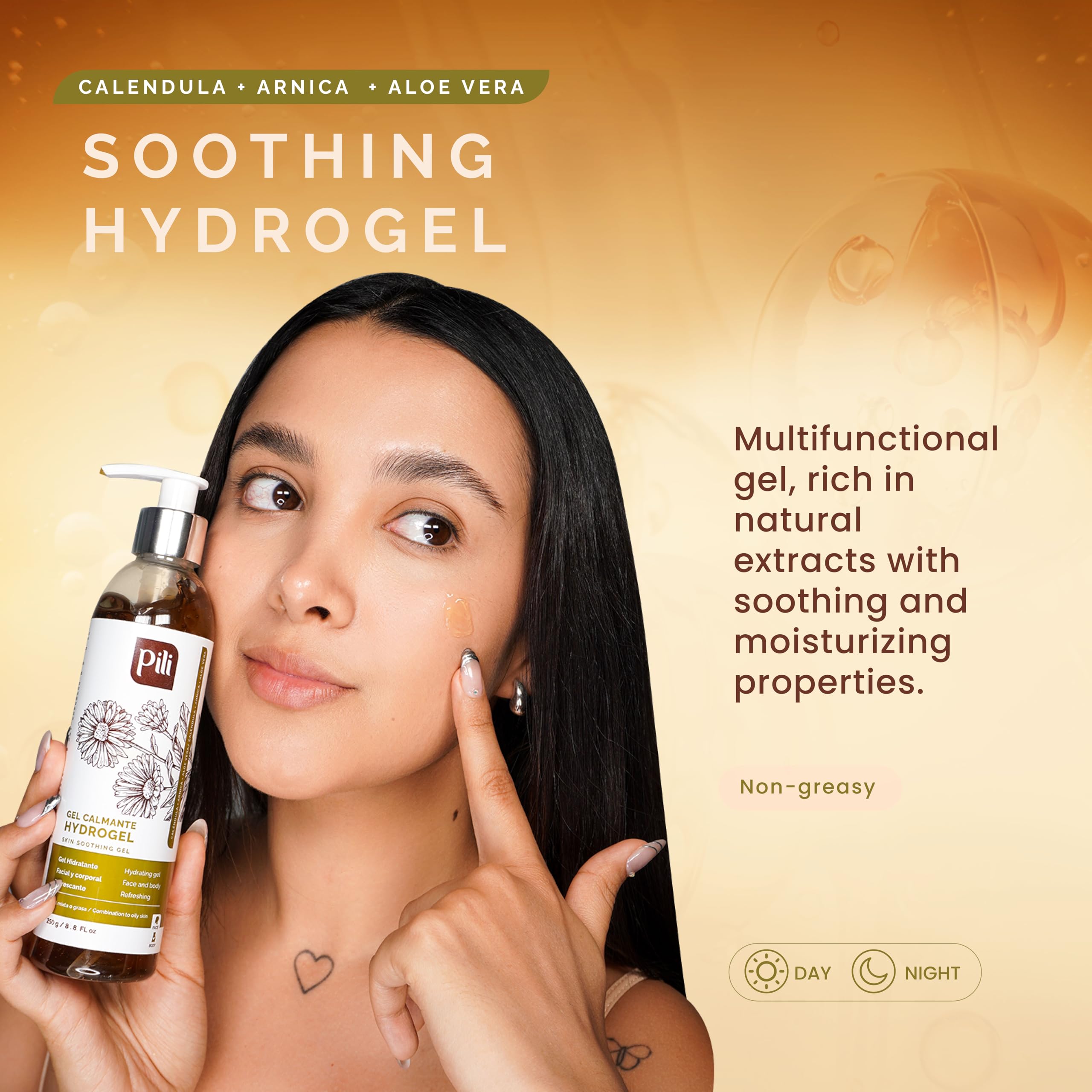 Pili Hydrogel | Face and body Skin Soothing Gel with Arnica, Calendula, Centella Asiatica and Aloe Vera extracts | Multi use calendula gel | Parabens and Alcohol Free | (8.8 Ounce (Pack of 1))
