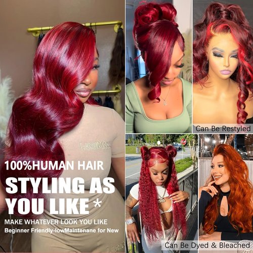 GUIGUZIN 13x6 99J Burgundy Red Lace Front Wigs Human Hair Burgundy Red Highlight Wig Human Hair Pre Plucked 200% Density Body Wave 99J Human Hair Wig Glueless Colored Wigs for Women 22 Inch