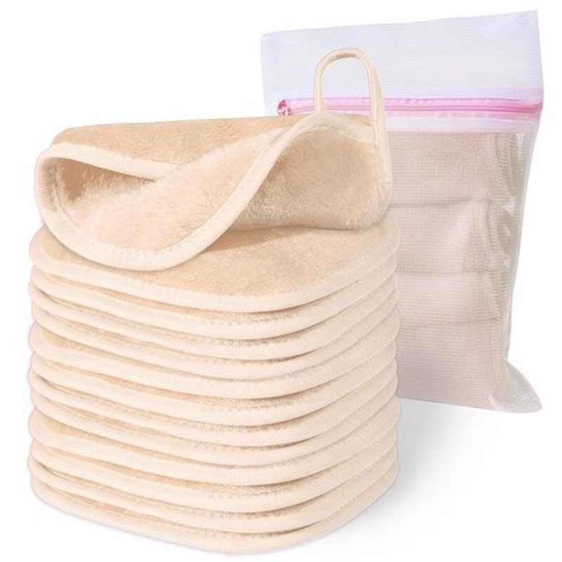 Natwag Makeup Remover Cloths - Reusable Microfiber Face Towels | 12 Pack, 6" x 6", Beige with Mesh Bag