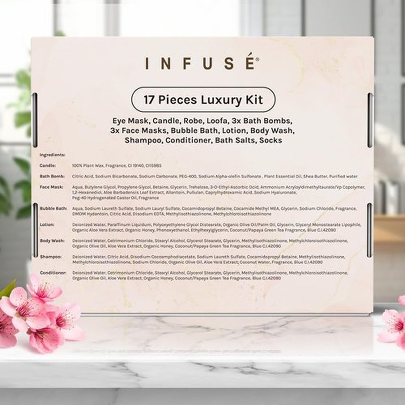 17-Piece Luxury Gift Set with Robe | Complete INFUSÉ White Tea & Coconut Bath Collection | Self-Care Kit with Bath Bombs, Face Masks & Hair Care | Bridesmaid, Mom, Wife, Grandma or Loved Ones