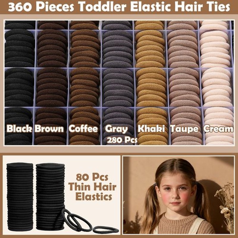 Hair Accessories for Girls - 360 Pieces Cotton Toddler Hair Ties Brown Ponytail Holders, Hair Clips and Hair Tail Tools, Neutral Colors