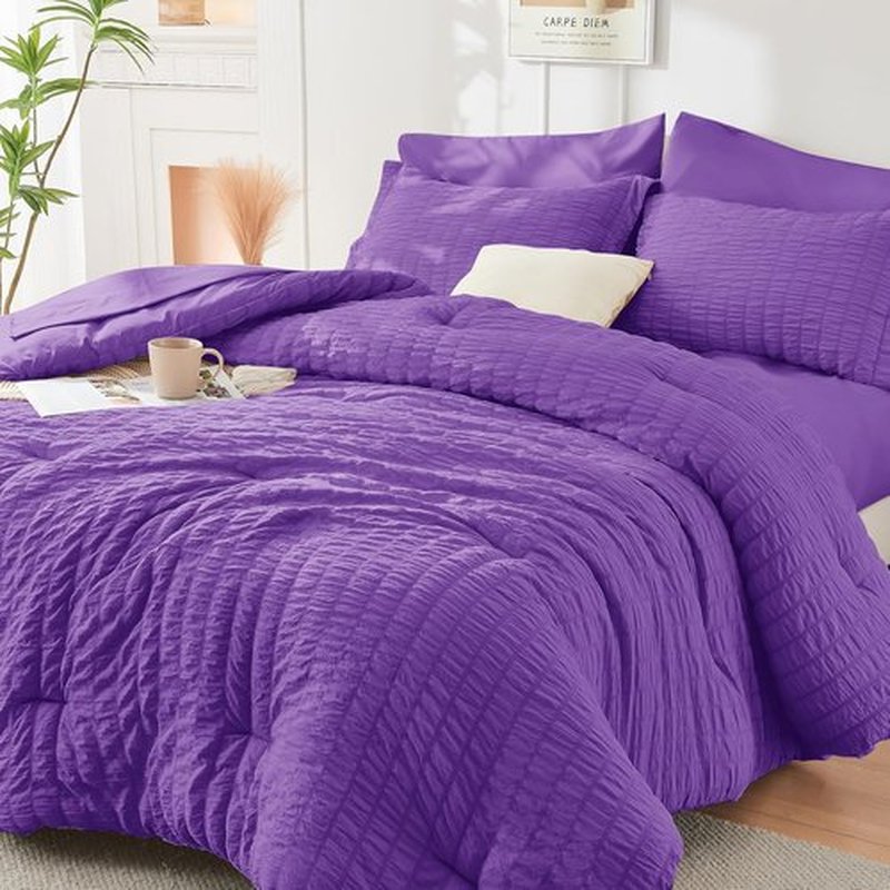 HYMOKEGE Twin Comforter Set - Luxury 5-Piece Bedding Set in Bright Purple | All-Season Seersucker Design