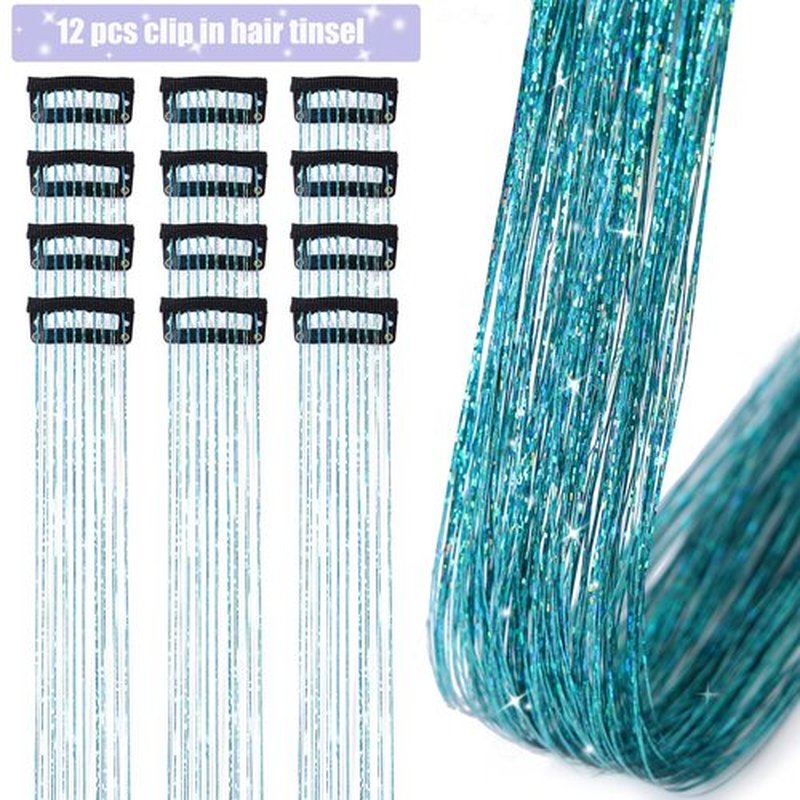 Hair Tinsel 12 Pcs Clip in Hair Tinsel Kit for Girls 20.5 Inch Glitter Shiny Sparkly Fairy Tinsel Hair Extensions Heat Resistant Party Festival Accessories for Women Kids (Peacock Blue)