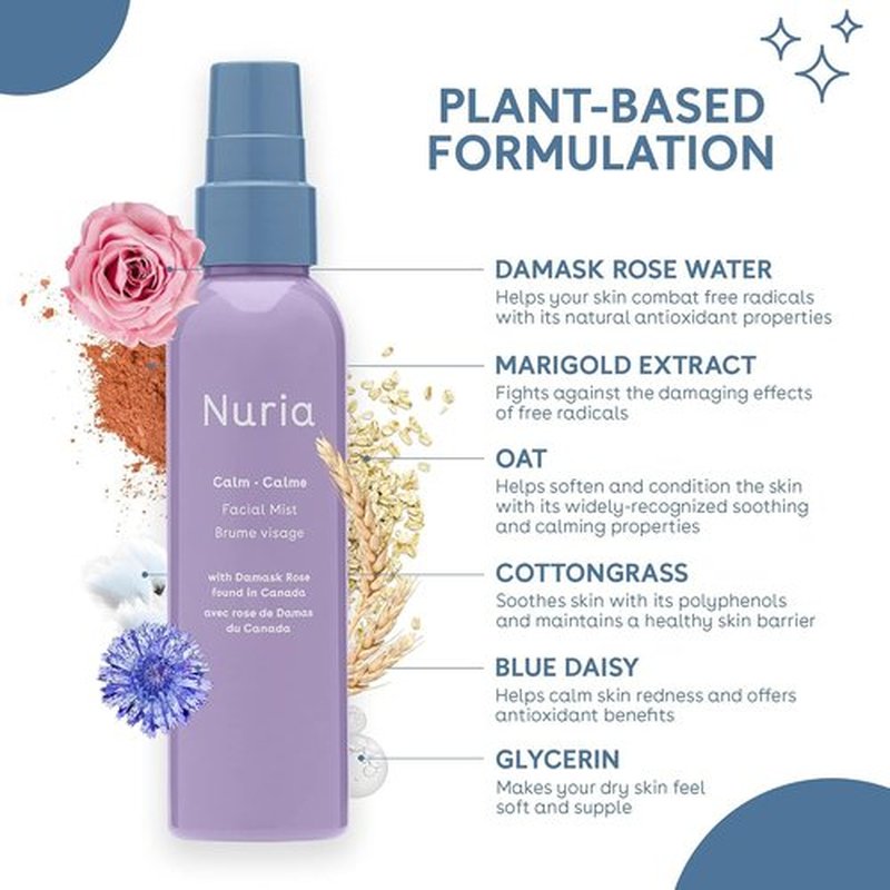 Nuria Calm Facial Mist - Fragrance-Free Damask Rose Water Spray with Marigold Extract | 120mL/4.1 fl oz