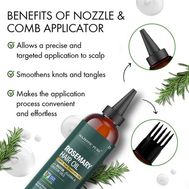 Majestic Pure 100% Pure Rosemary Oil for Hair Growth - Strengthening, Nourishing, Volumizing - Infused with Biotin Oil, Jojoba Oil & Castor Oil - Non GMO Verified - 4 Fl Oz - With Applicator