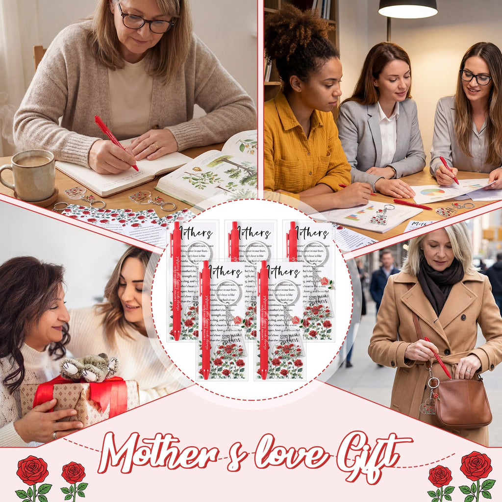 Motiskyy 18 Sets Happy Mother's Day Rose Gifts bulk Red Ballpoint Pens Heart Rose Christian Keychain with Bless Card Bag Positive Affirmative Appreciation Gift for Mom Women Birthday Office Supplies