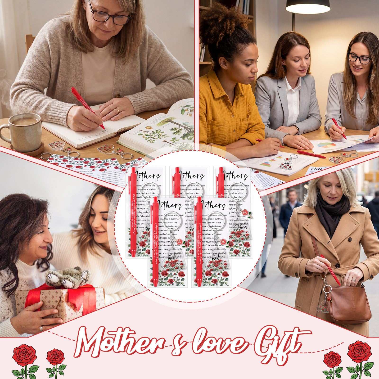 Motiskyy 18 Sets Happy Mother's Day Rose Gifts bulk Red Ballpoint Pens Heart Rose Christian Keychain with Bless Card Bag Positive Affirmative Appreciation Gift for Mom Women Birthday Office Supplies