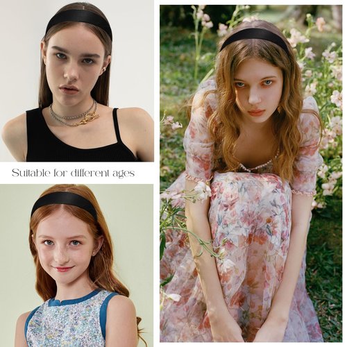 enop Black Satin Headbands for Women 1 Inch Anti-slip Black Ribbon Hair Bands for Girls Plain Hard Headbands for Crafts 16 Pack