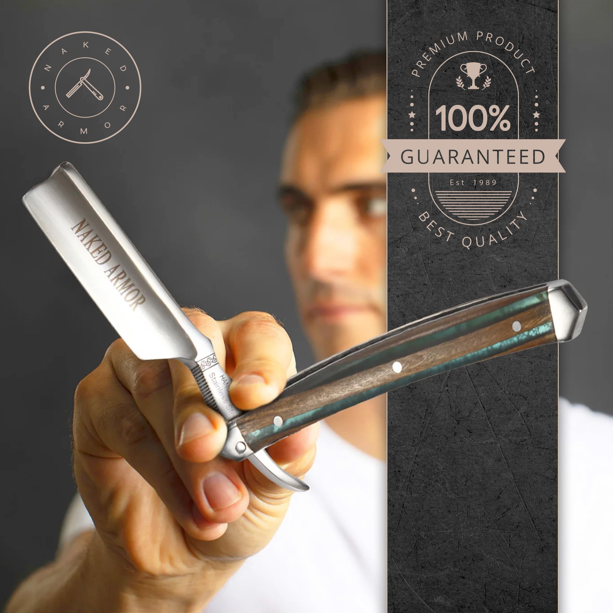 Naked Armor Safir Straight Razor for Men — Shave Ready 7/8" Barber's Notch Japanese Stainless Steel Straight Edge Razor, Sandalwood Scale, Beard Shaping, Leather Case & Gift Box Included