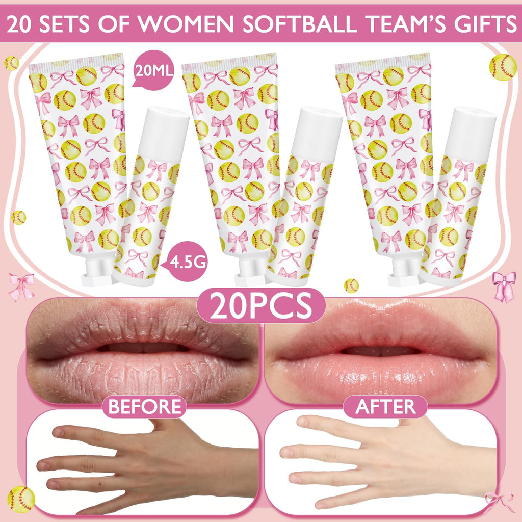 Loopeer 20 Sets Softball Team Gifts for Girls Pink Bowknot Softball Lip Balm Hand Cream Set Party Favors Sports Ball Team Members Gifts Bulk for Sports Party Supplies