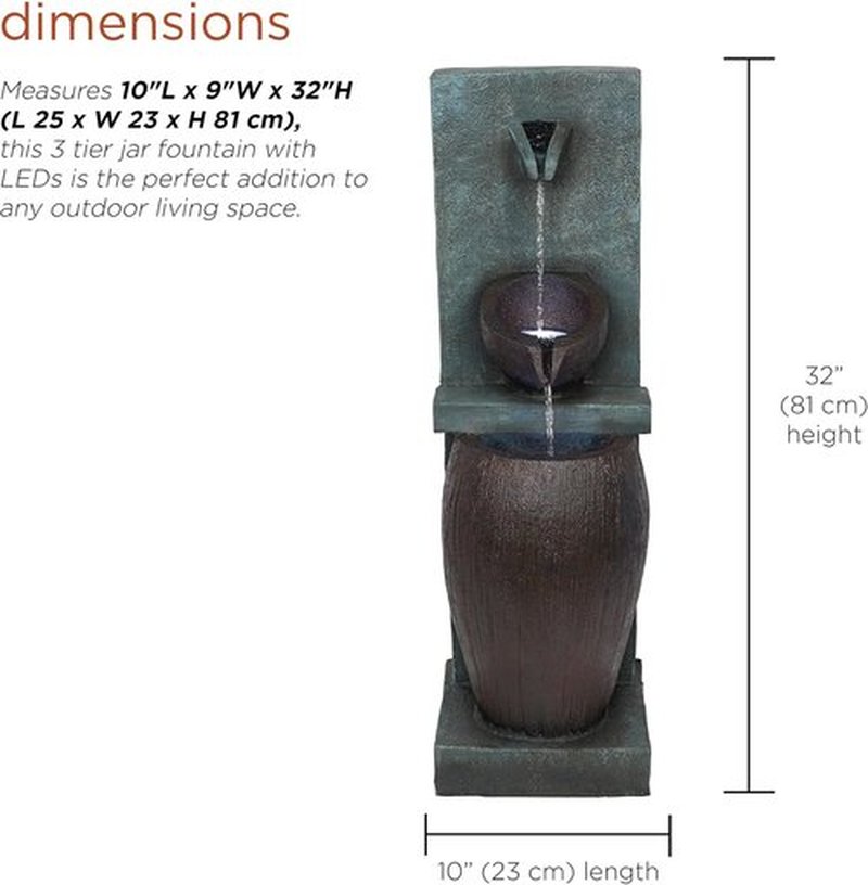 Alpine Corporation 32" 3-Tier Jar Fountain - Elegant LED Outdoor Water Feature for Garden & Patio