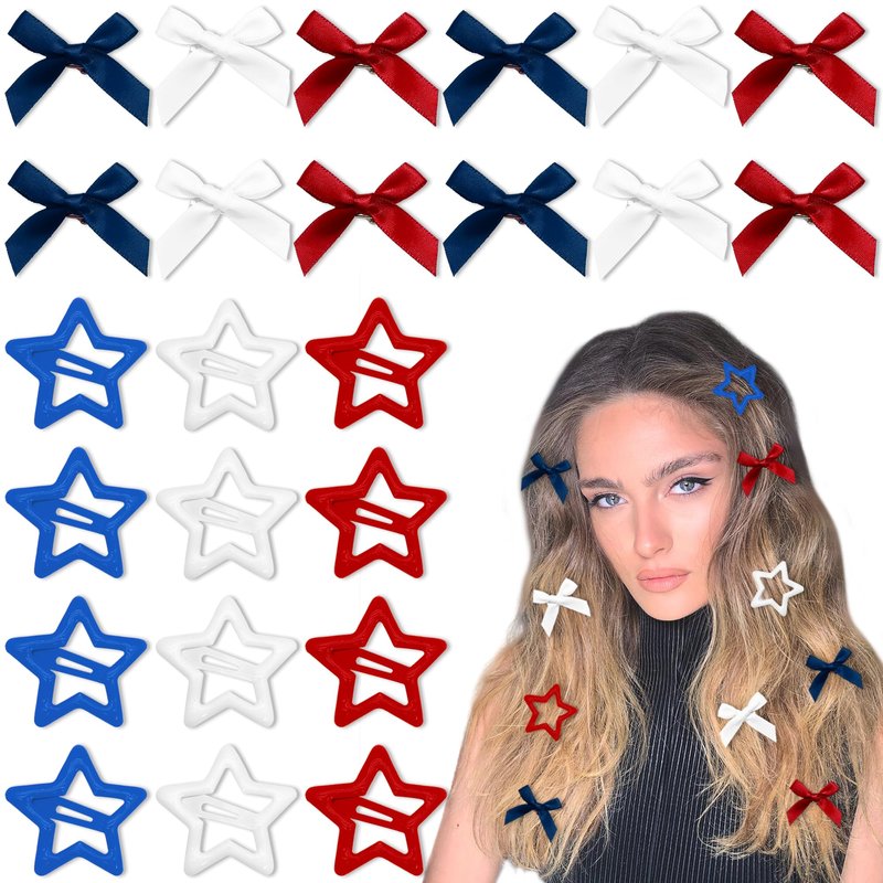 YAEISM 24PCS Star Hair Clips 3 Colors Bow Hair Clips Satin Small Hair Bows Metal Snap Star Clips Y2K Coquette Barrettes American Flag Clips Hair Accessories for Women