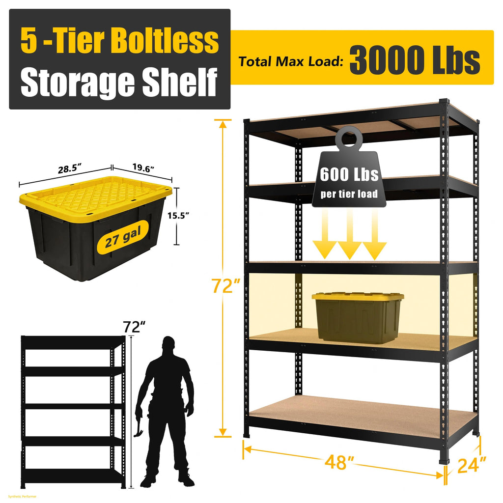 PrimeZone 48"W x 24"D x 72"H Garage Storage Shelves, 5-Tier Metal Shelving