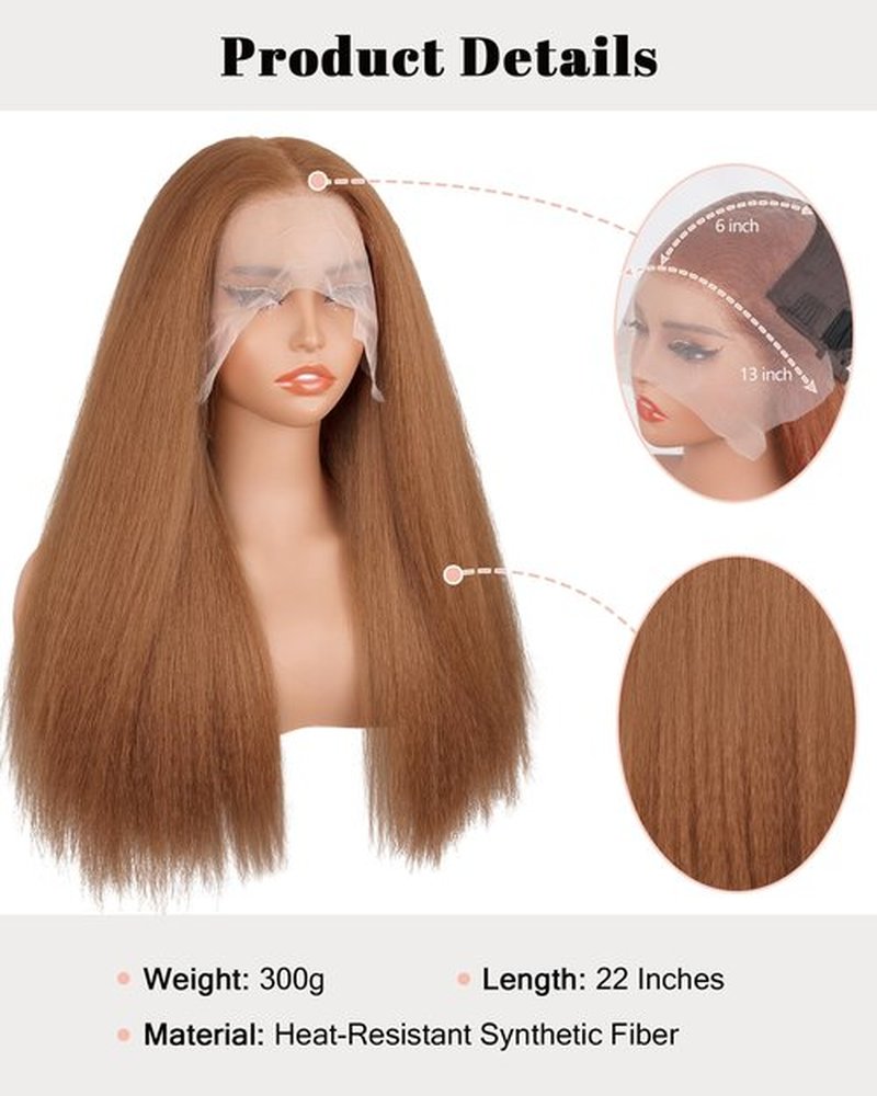 Cemuto Kinky Straight Lace Front Wigs Pre Plucked with Baby Hairs 180% Density Yaki Straight 13x6 Synthetic Transparent HD Glueless Lace Wig as Human Hair Auburn Brown 22 Inch