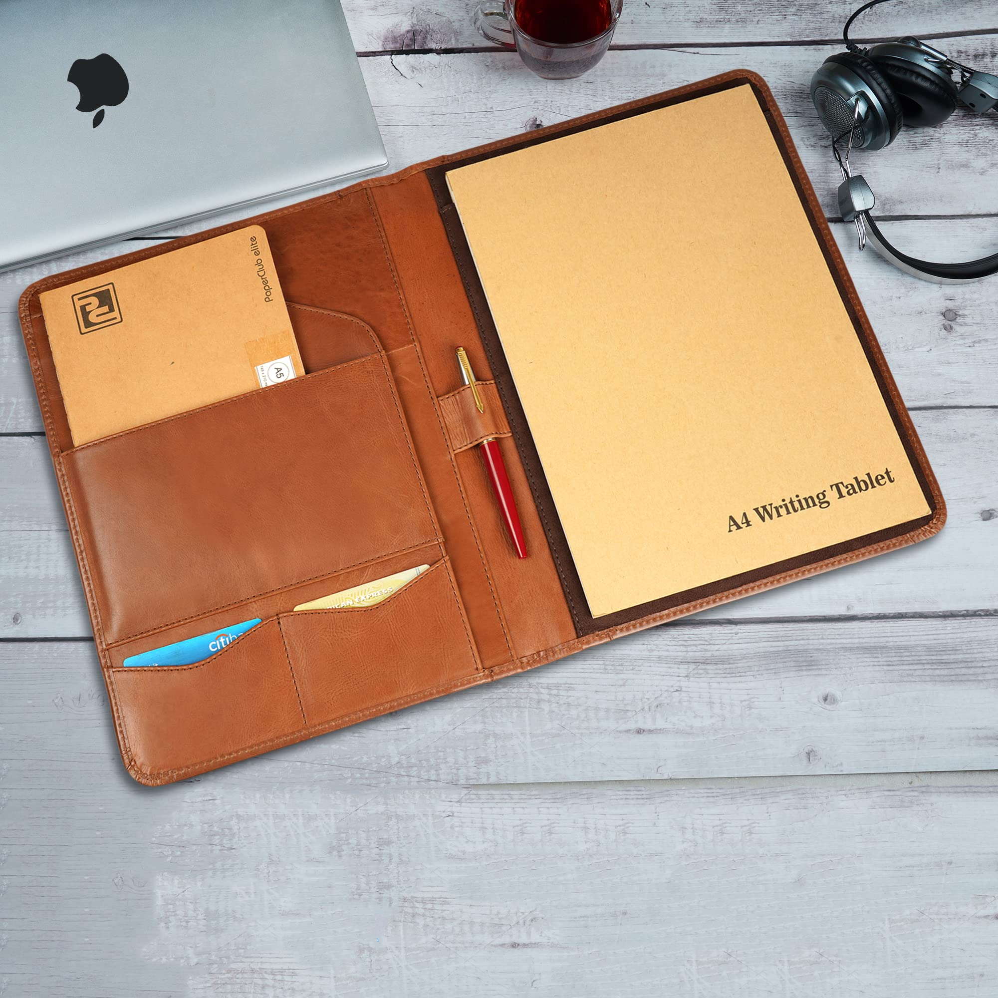 CestAntiQ, Leather Portfolio A4 Document Folder Legal Pad Padfolio, Professional Writing Letter Notepad Clipboard Sleeve Organizer, Resume Folio Binder for Men & Women Classic Brown