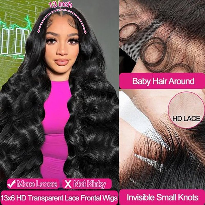 Cevkira 13x6 Lace Front Wigs Human Hair Pre Plucked 180% Density Body Wave HD Transparent Lace Frontal Human Hair Wig 10A Glueless Wigs with Baby Hair for Women Natural Black 28 Inch