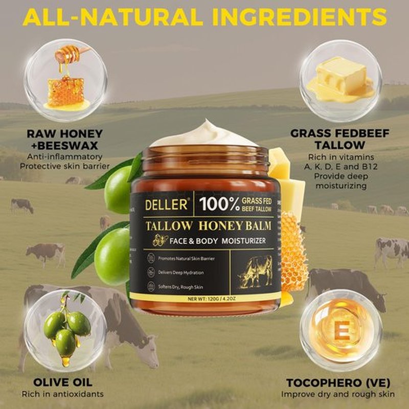 4.2 OZ Beef Tallow for Skin Face, Grass Fed Beef Tallow with Honey Bee Venom Cream Natural Tallow and Honey Balm, Deep Hydration Tallow Face Moisturizer for Dry, Sensitive & All Skin Types