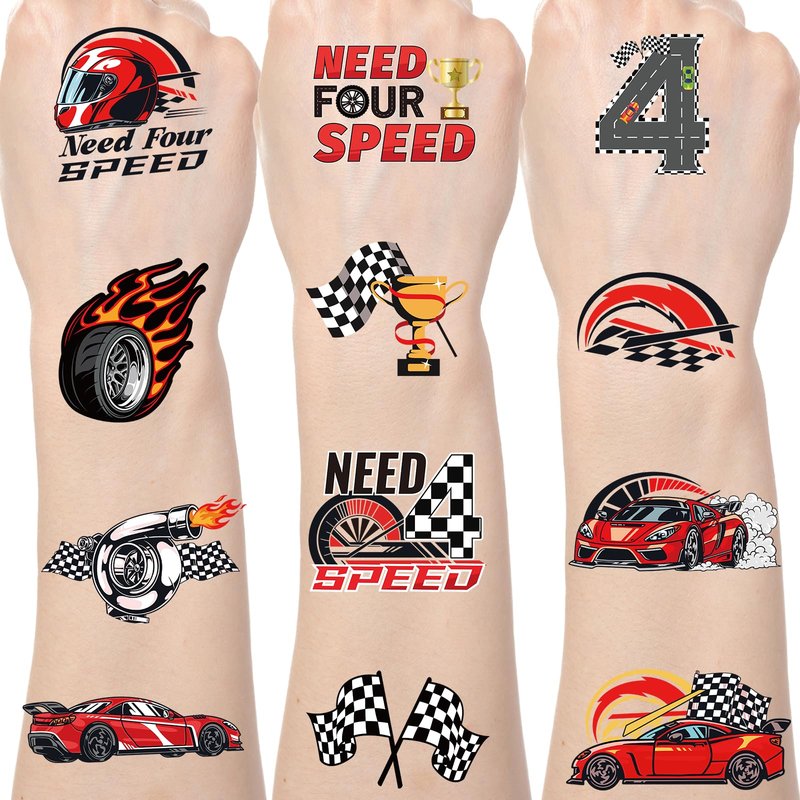 Yoyuspy Race Car Temporary Tattoos - 200+ Need Four Speed Birthday Decorations Checkered Flag Temporary Tattoo Gifts Happy 4th Birthday Decorations Boy Race Car Party Favors Supplies Prizes