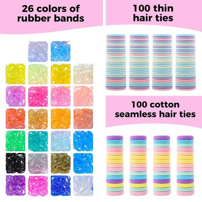 Colorful Rubber Bands Set, 2020Pcs Elastic Hair Ties with 5 Styling Tools 40Pcs Hair Clips Hair Accessories for Girls Daughter